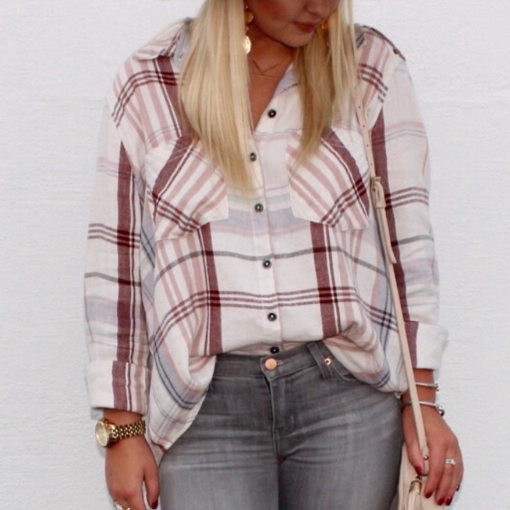 FREE PEOPLE PINK PLAID SHIRT